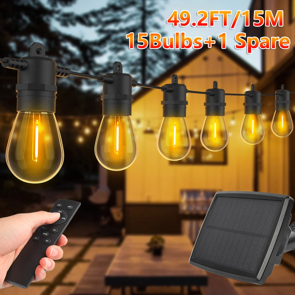 S14 Solar String Light 15M LED Garland Light IP65 Waterproof Shatterproof Garden Patio Wedding Backyard Party Decoration E12