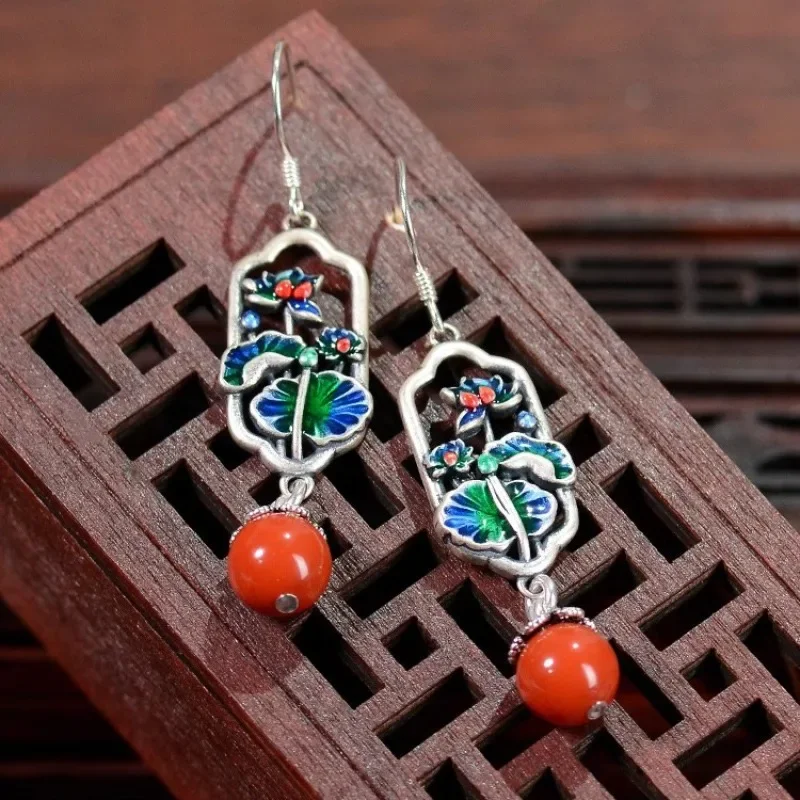 Natural Purple Dragon Crystal Earrings for Women Vintage Cloisonne Craft Enamel Colored Lotus Leaves 925 Silver New in Jewelry