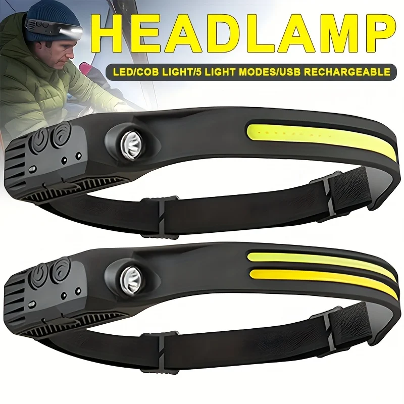 LED Sensor Headlamp Built-in Battery USB Rechargeable COB Head Flashlight Headlight LED Head Torch Camping Fishing Search Light