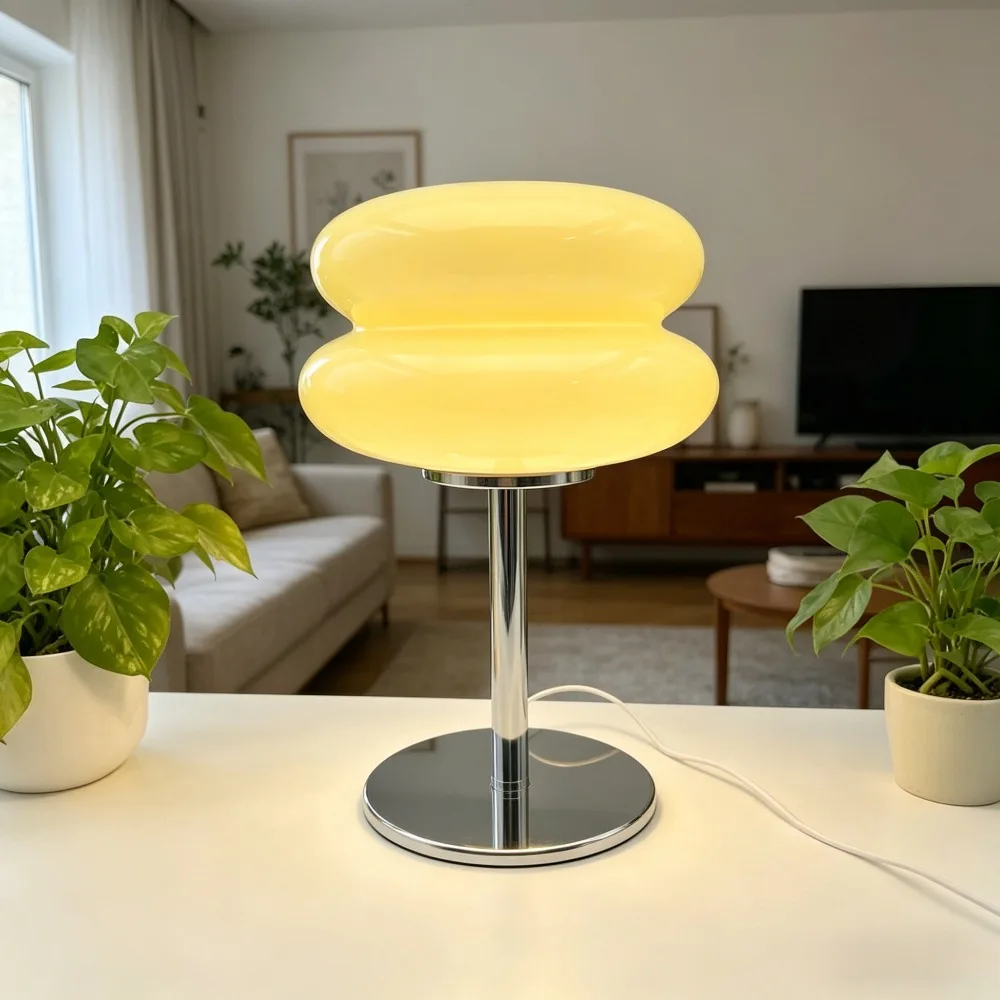 Mid-Century Ins Macaron Cream Double Layer Glass Table Lamp Nordic Style Living Room Bedroom Study Bedside Hamburger Egg Tart