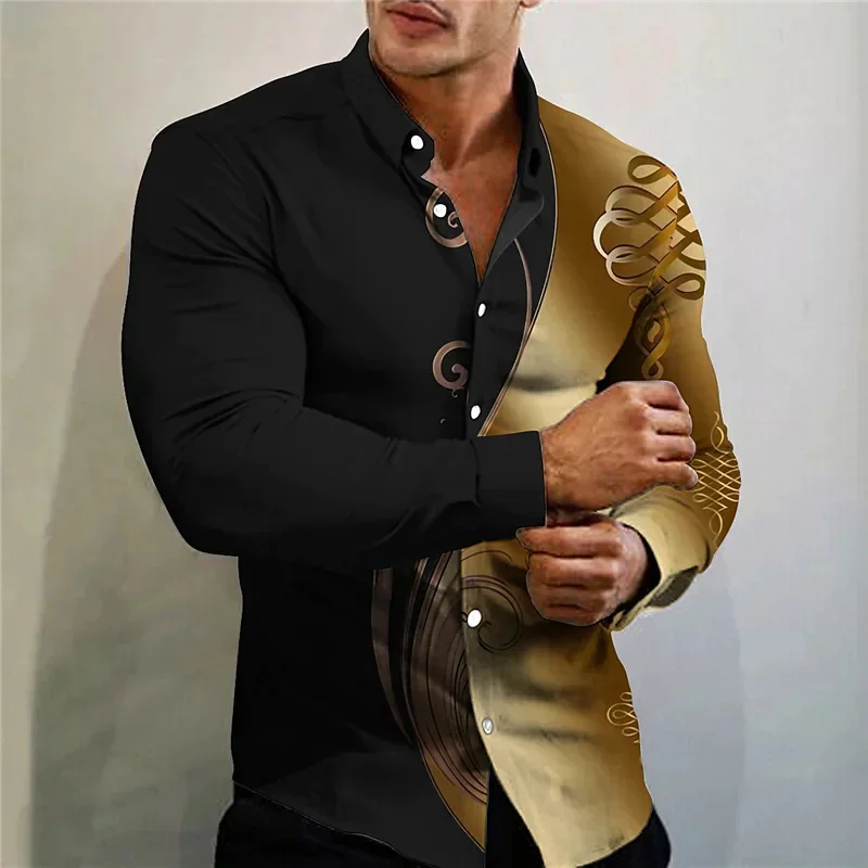 Camisa masculina com padrão personalizado com botão diagonal, top leve, macia e confortável, saída elegante