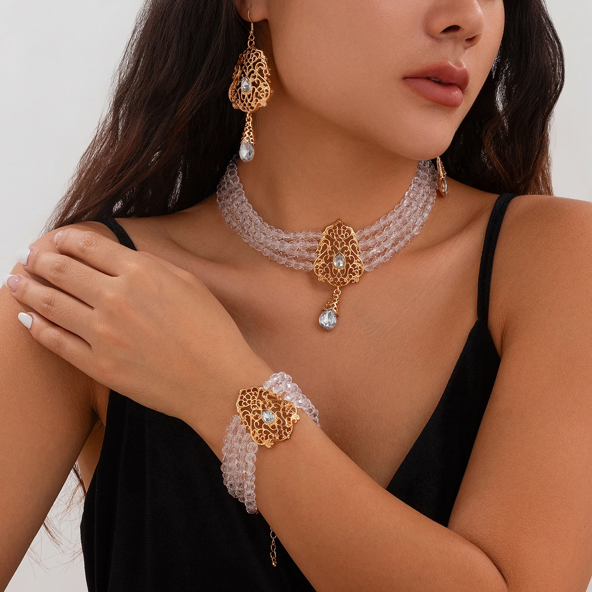 Salircon 3Pcs/Set Multilayer Crystal Beads Chain Choker Necklace Bracelet Earrings Set for Women Elegant Party Wedding Jewelry