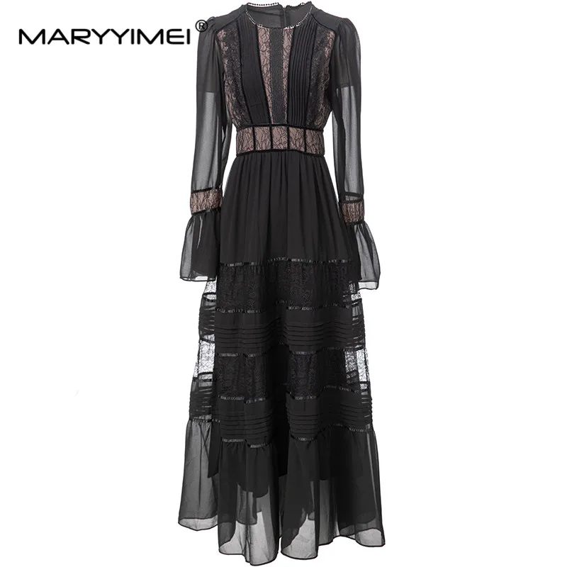 MARYYIMEI New Fashion Designer Autumn Dress Women's Round Collar Ruffle Long Sleeve Lace Patchwork French Style Slim Dresses