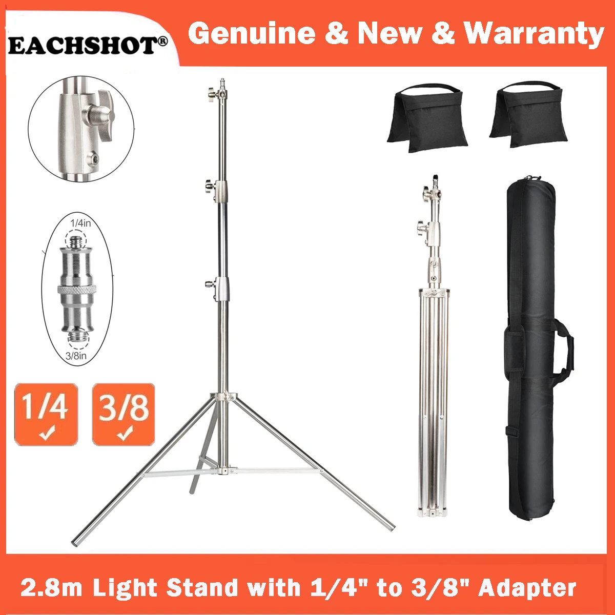 EACHSHOT 2.8m Light Stand Stainless Steel Heavy Duty for Aputure 300d II Amaran 60X 200X S  Godox SL60W SL60II BI Sokani X100