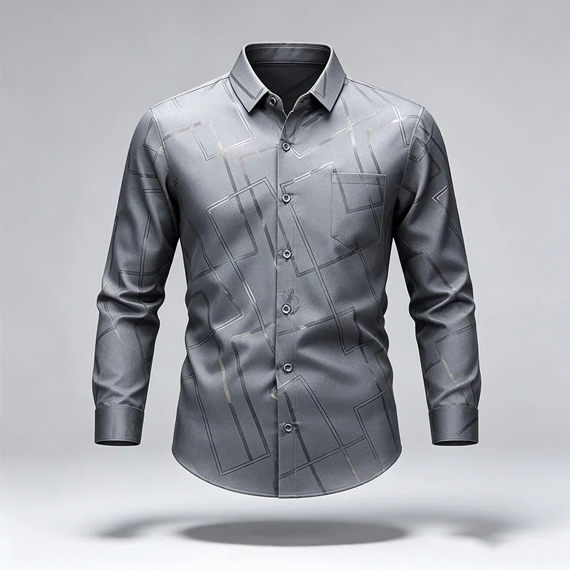 New Mens Lapel Long Sleeve Dress Shirts Anti Wrinkle Smooth Touch Fabric Slim Silhouette Office Daily Wear Tops
