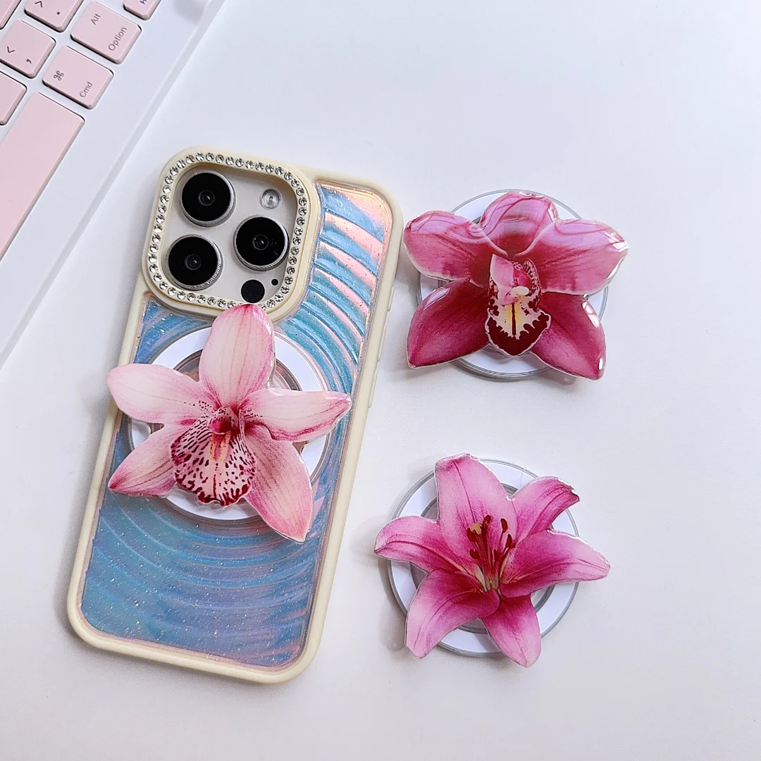 새로운 귀여운 3D 난초 꽃 자석 휴대폰 홀더 소녀용 삼성 지원 소켓 포켓 그립 톡 스탠드 브래킷 아이폰용