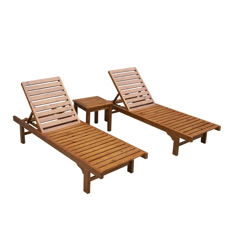 Outdoor Solid Wood Lounge Teak Beach Chair Leisure Lounge Waterproof Sunscreen Hotel Homestay Villa Beach Pool