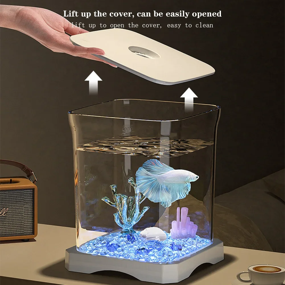 Mini Betta Fish Tank Starter Kit Aquarium Tank with Bottom Light Rectangular Mini Desktop Aquarium with Top Feeding Hole - Image 4