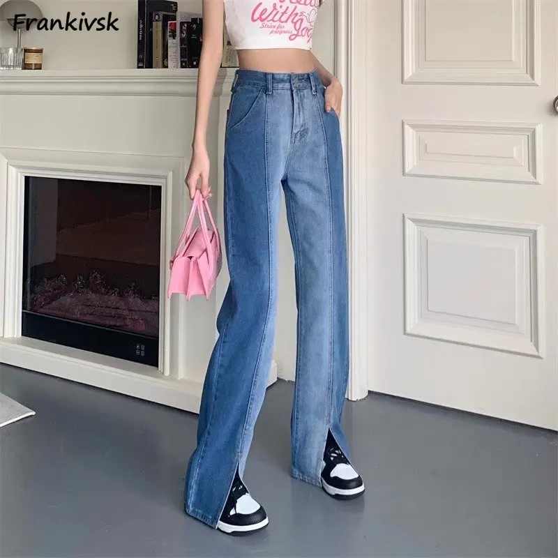 

Straight Jeans Women Gradient Front-Slit Design High Waist New Spring Stylish Chic All-match Cozy Commuting Style Trousers Daily