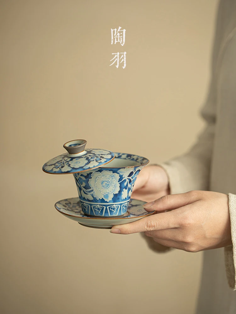 

Ruyao Blue And White Ceramic Tea Set Home Use Three Elements Cover Bowl Anti-Scalding Tea Brewing Bowl Gongfu Tea Tools