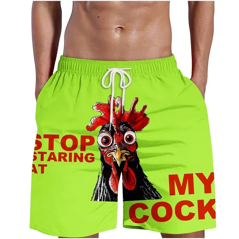 Calças de praia masculinas com cabeças de frango estampadas, calças de animais com estampa de frango 3D e trajes de banho casuais para havaianos
