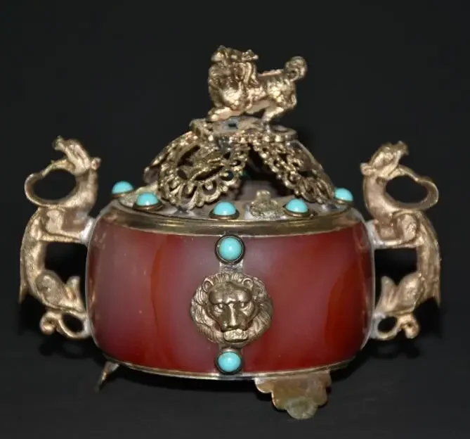 Antique Tibetan Silver Lion Statue Incense Burner Inlaid turquoise beads Home Decor Censer Crafts