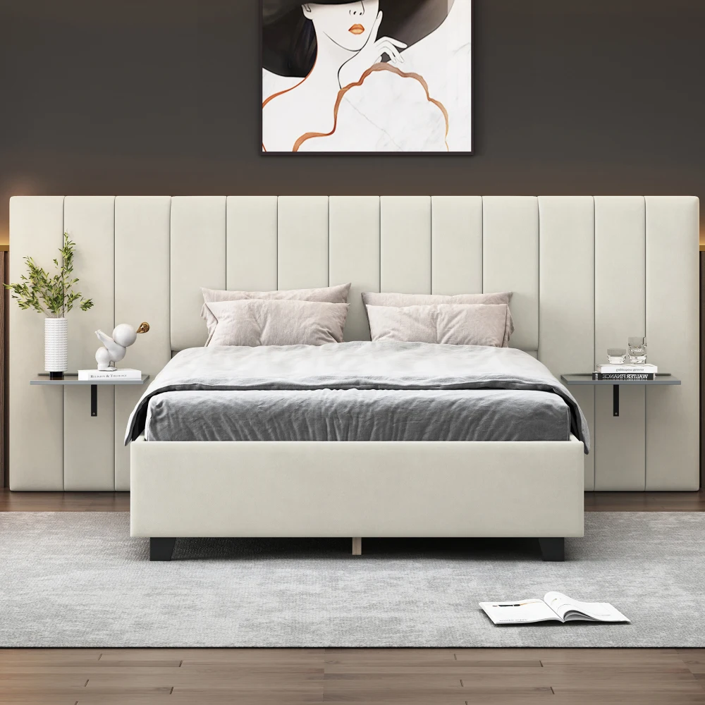 

Queen Size Upholstered Platform Bed with Big Headboard,Velvet Bed with Storage Nightstand,Wood Platform Bed Frame Bedroom,Beige