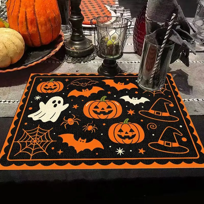 VIKAMA Ghost Pumpkin Witch Hat Halloween Placemat Linen Spider Web Bat Pattern Heat Resistant Dining Table Decor
