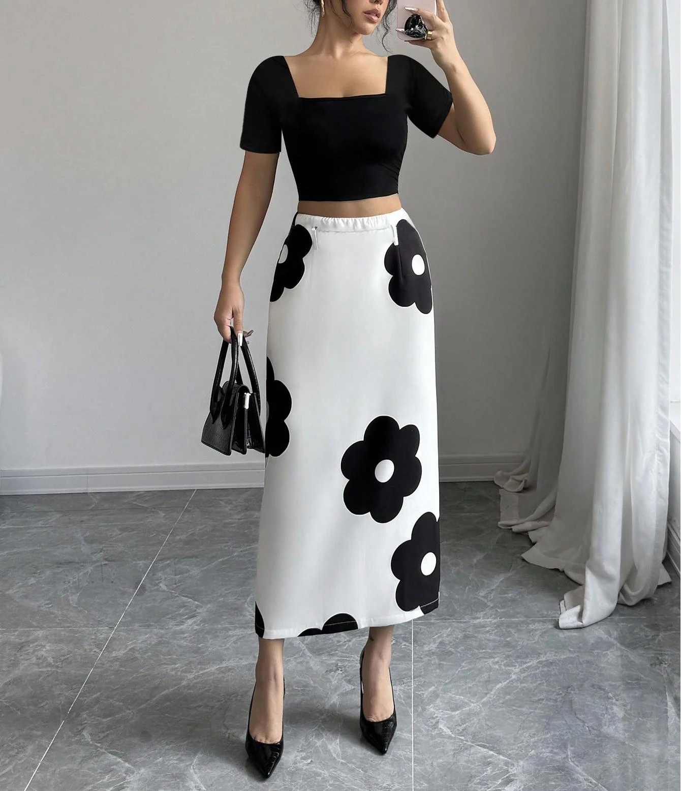 

Women's Floral Print Square Neck Crop Top Midi Skirt 2 Piece Set Spring Summer Casual Streetwear Commuting Vacation Outfit