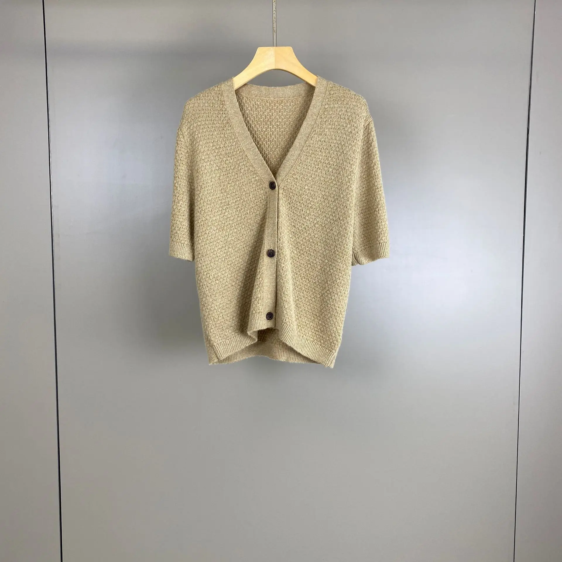 2026 Autumn Winter New Wool V-neck Knitted Short Sleeve Cardigan with Elastic Waist Straight Leg Tight Pants Set