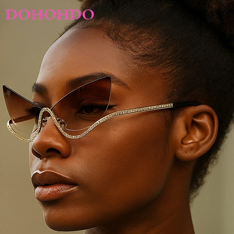 

Fashion Luxury Designer Cat Eye Metal Half Frame Women Sunglasses Trend Retro Men Eyewear Outdoor Travel Shade Sunglasses UV400