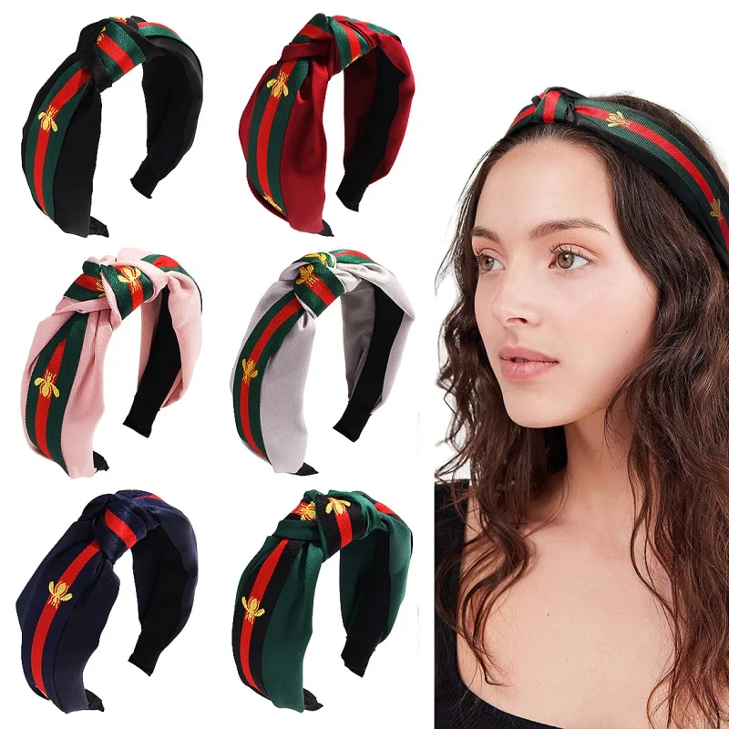 Qiyue Cross-Border European and American Polka Dot Bee Stripe Braid Hairpin Korean Style Wide-Brimmed Knotted Headband Female Ha