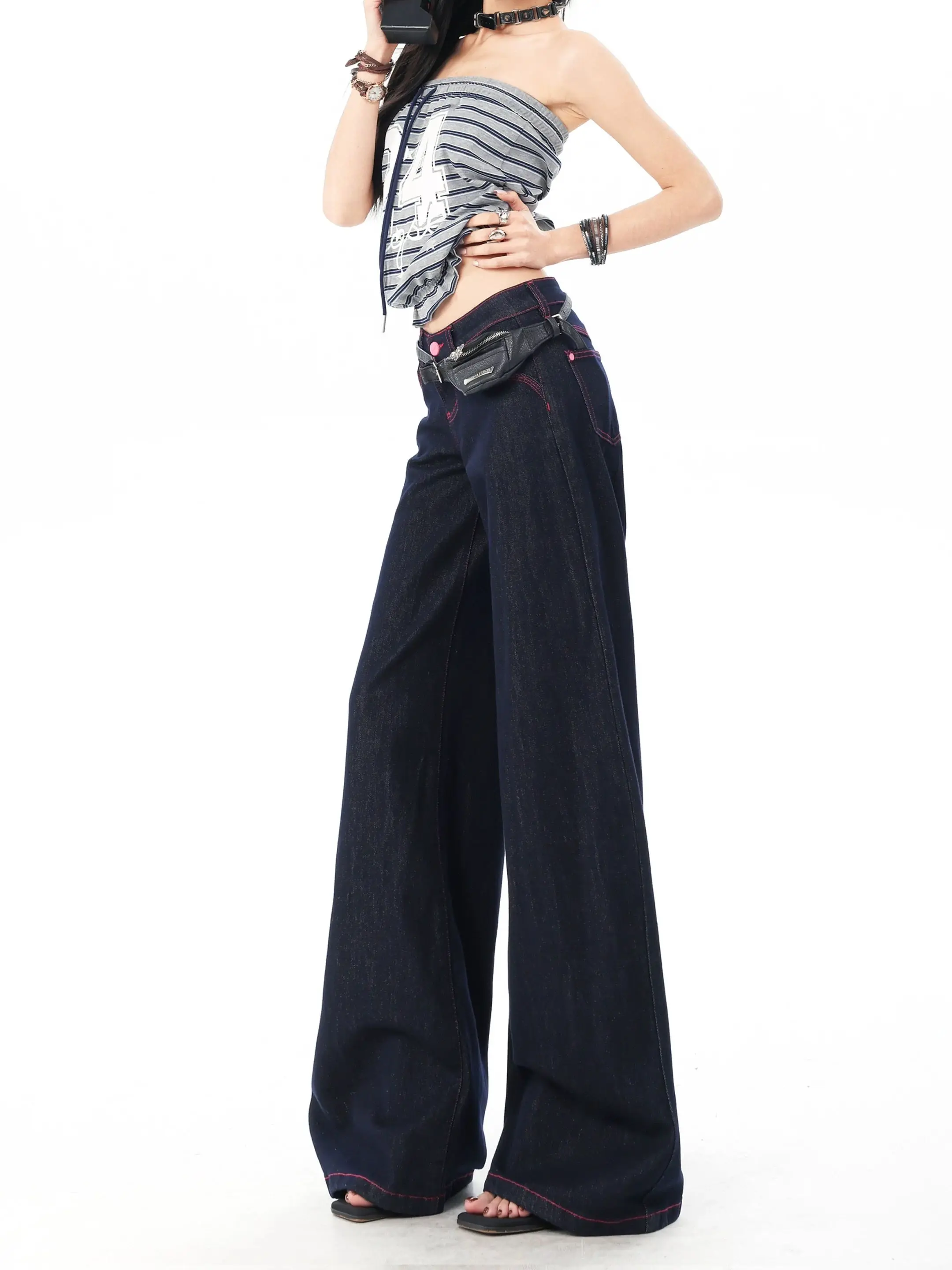 Y2K High Waisted Slimming Flared Pants Women Spring Autumn Denim Color Micro Flared Jeans Pear Shaped
