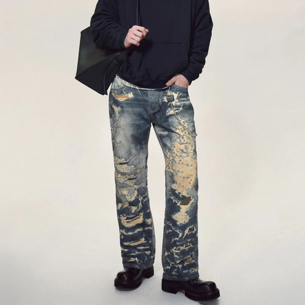 

Spring And Summer New Men's Y2k Graphic Print Washed Straight Jeans Retro Fashion Trend High Street Loose Niche Men's Bottoms