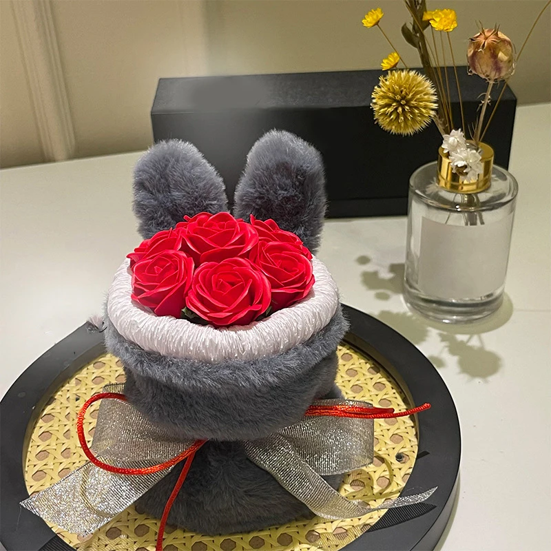 Romantic Handmade Plush Rabbit Ears Rose Hugging Bucket Valentine's Day Bouquet Gift for Girlfriend Mothers' Day Birthday Gifts