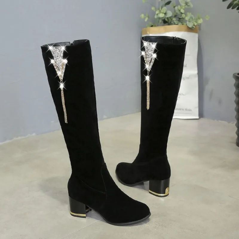 

Autumn Winter New Long Boots Fashion Side Zipper Winter Women Shoes Thick High Heels Boot Black Knee High Boots Botas De Mujer