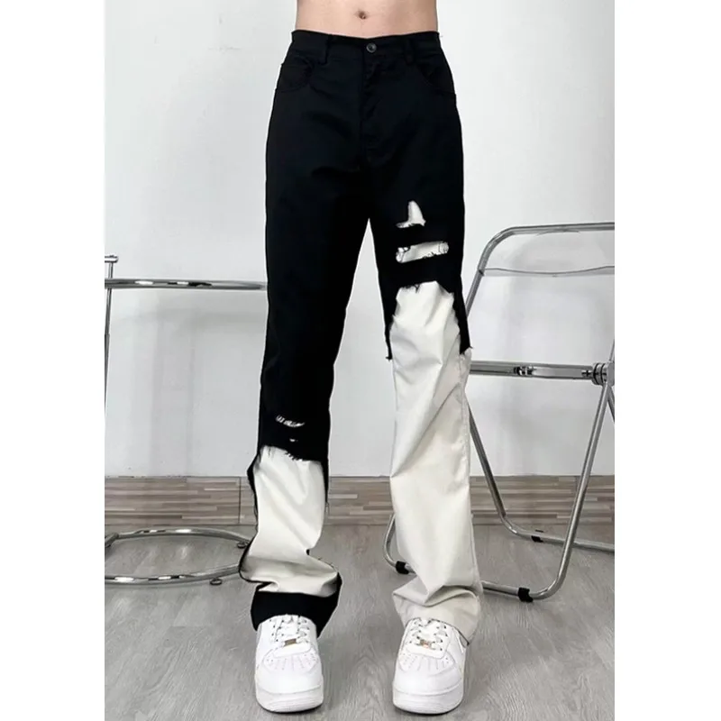 

Slim Fit Men's Jeans Elastic Stretchy Patchwork Pants Trendy Fashion Hole Design Spring Autumn Youth Style Denim Trousers
