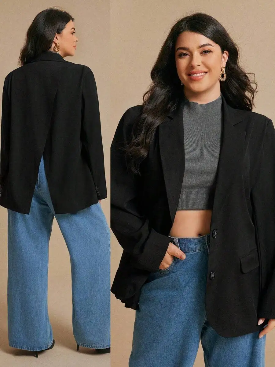 

Plus Size Women's Solid Black Lapel Blazer Jacket, Single Button, Long Sleeve, Casual Fit