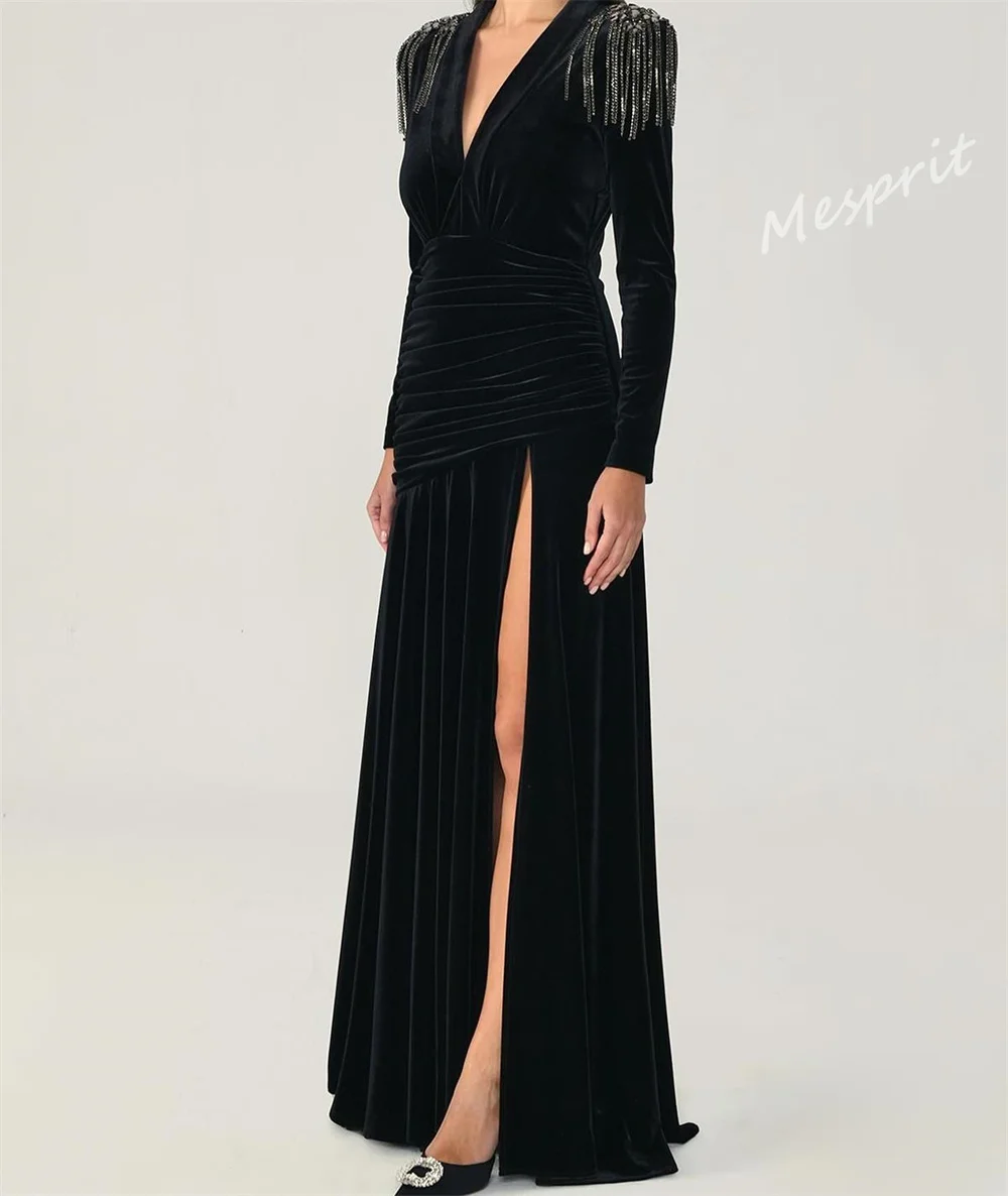 Velour Evening Prom Dress, Arábia Saudita, Plissado Drapinado, Borla, Celebridade A-Line, Decote em V, Vestido Ocasião Personalizado, Vestidos longos