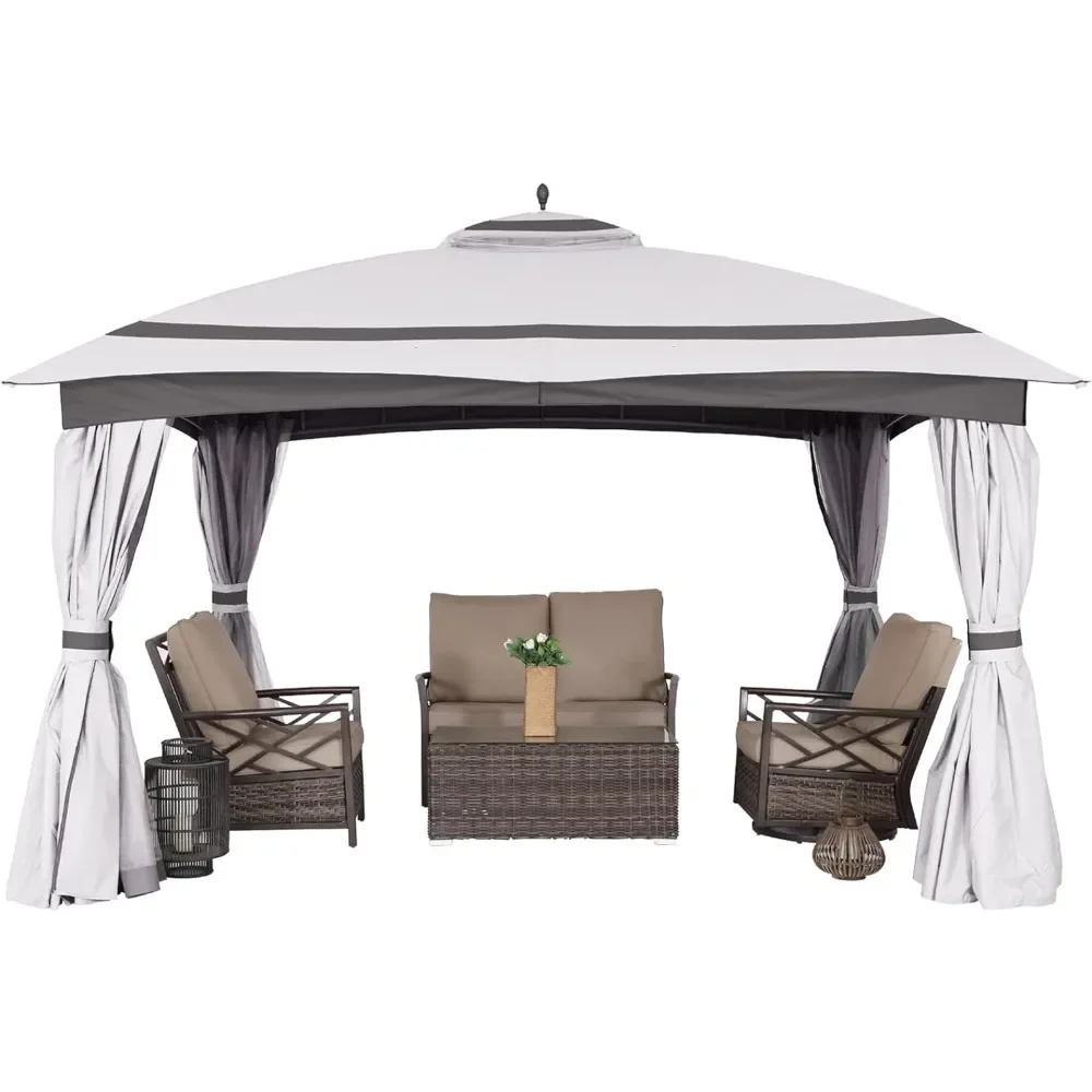 

11x13 Gazebo for Patio, Gazebo with Curtains & Netting & Sandbags, Double Tier Roof Round Leg Marquee Canopy, pergola