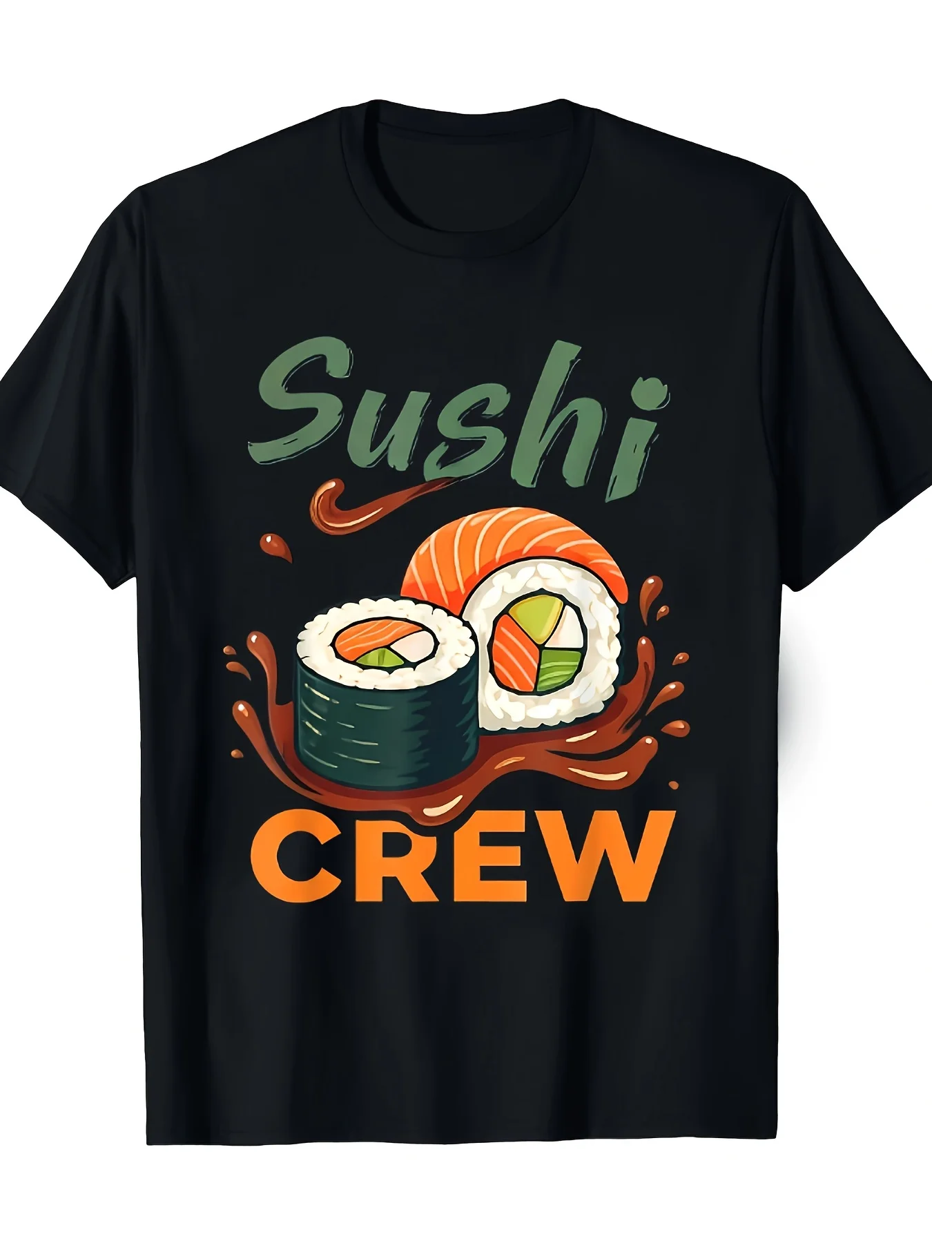 Lustiges Herren-T-Shirt in Schwarz mit Grafikdruck: Sushi-Crew Lachsrolle Maki Sojasoßen-Splash, Auffälliger Schriftzug, Essensliebhaber-Print, 100% Baumwolle, Schwergewicht, Kurzarm, Lässiges Streetwear-Shirt