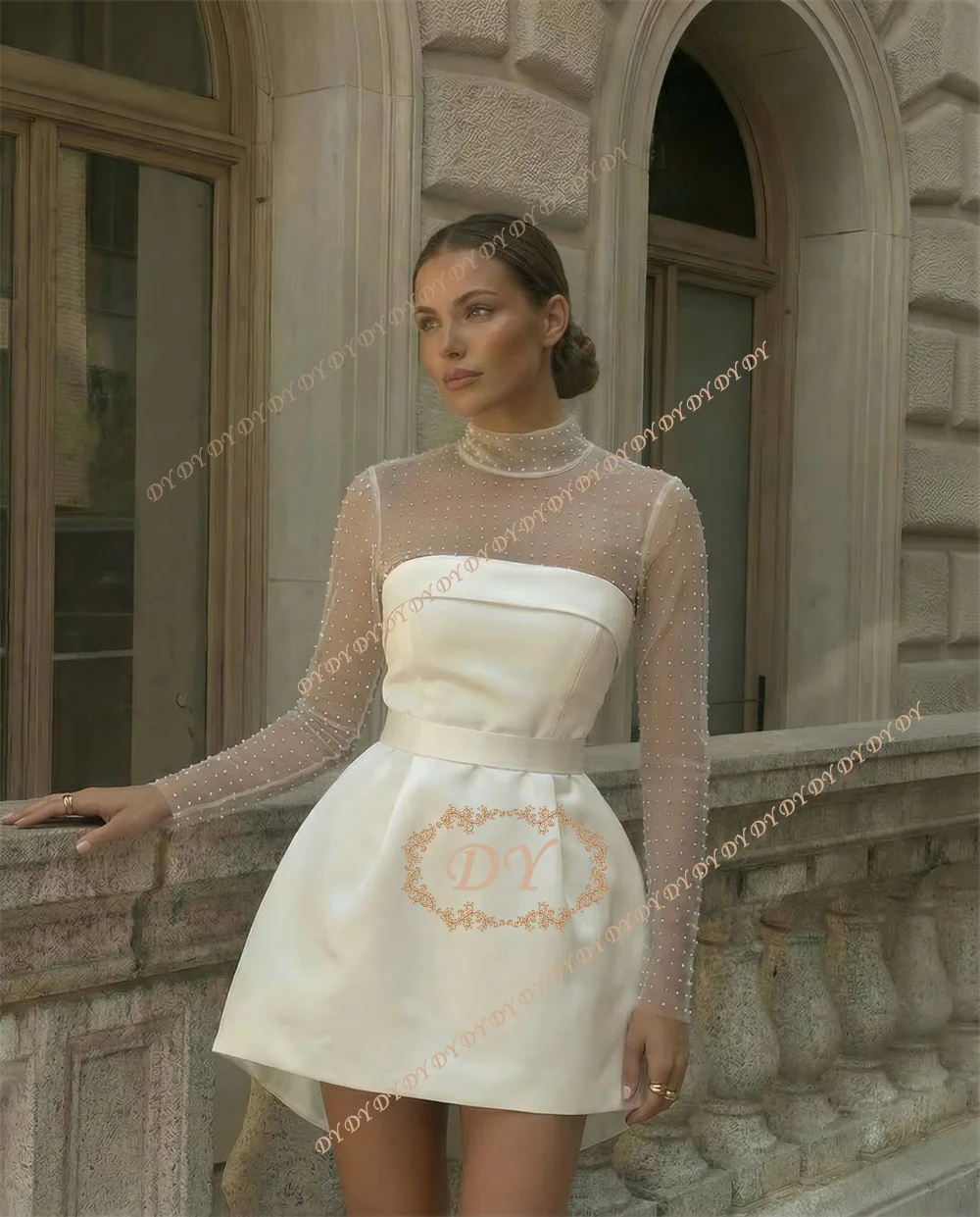 DY Modernes A-Linien-Kleid aus Satin, kurzes Ballkleid, Cocktailkleid, Stehkragen, Tüll, volle Ärmel, Mini-Hochzeitskleid, maßgeschneiderte Vestidos De Fie