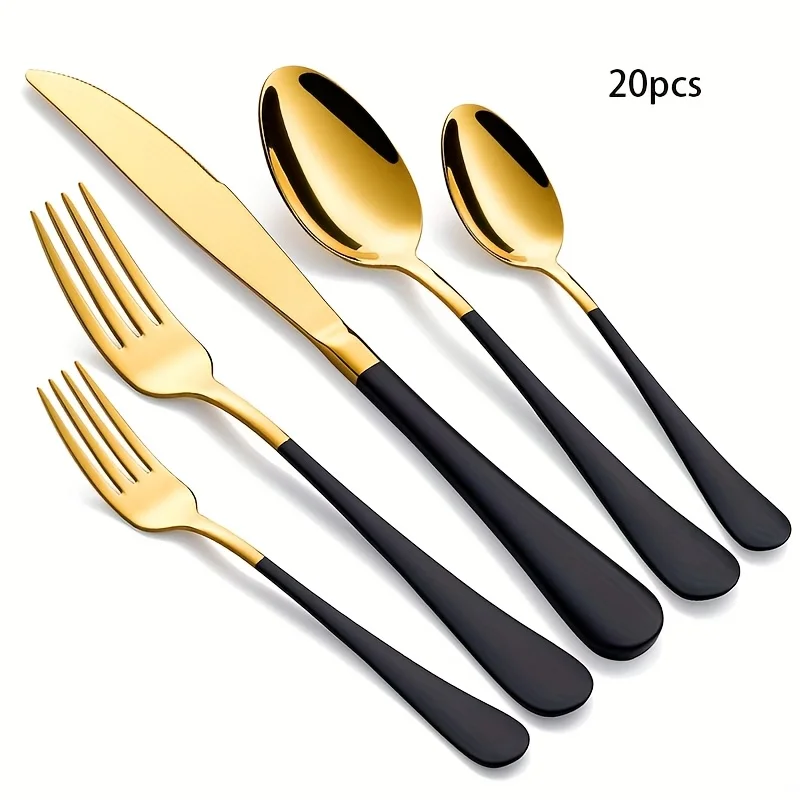 طقم أدوات مائدة من الفولاذ المقاوم للصدأ باللونين الذهبي والأسود مكون من 20 قطعة، خدمة مجموعة أدوات مائدة بمقبض أسود لـ 4 أشخاص، تتضمن سكاكين العشاء والشوك والملعق