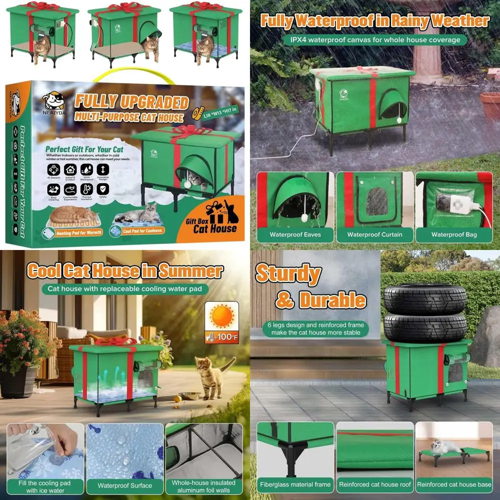 

All-Season Weatherproof Insulated Outdoor Cat House with Heated and Cooling Pads, Medium Size, Perfect Gift Box for Cats.