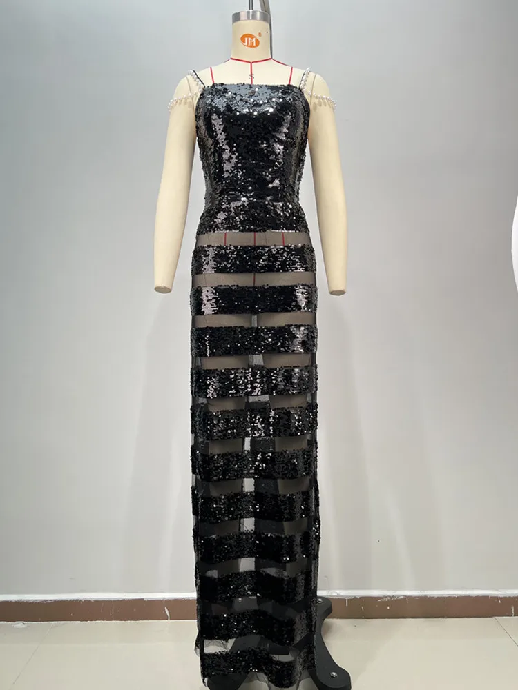 New Arrival Luxury Sexy Pearl Mesh Sequins Black Maxi Long Women Celebrity Dress 2025 Elegant Party Evening Club Vestido