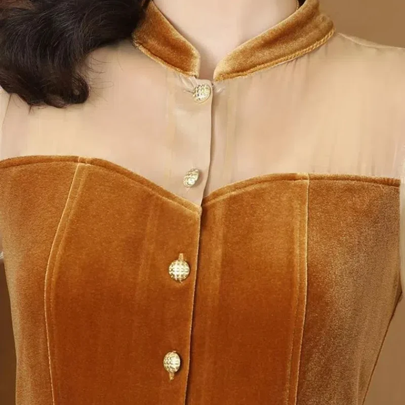 Gold Velvet Top Noble and Fashionable Age-reducing Long-sleeved Shirt Chic and Beautiful Waist-hugging Shirt