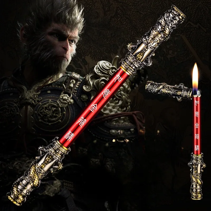 Black Wukong Ruyi Gold Hoop Butane Gas Lighter Creative Double Section Stick Grinding Wheel Funny Monkey King Lighters Smoking