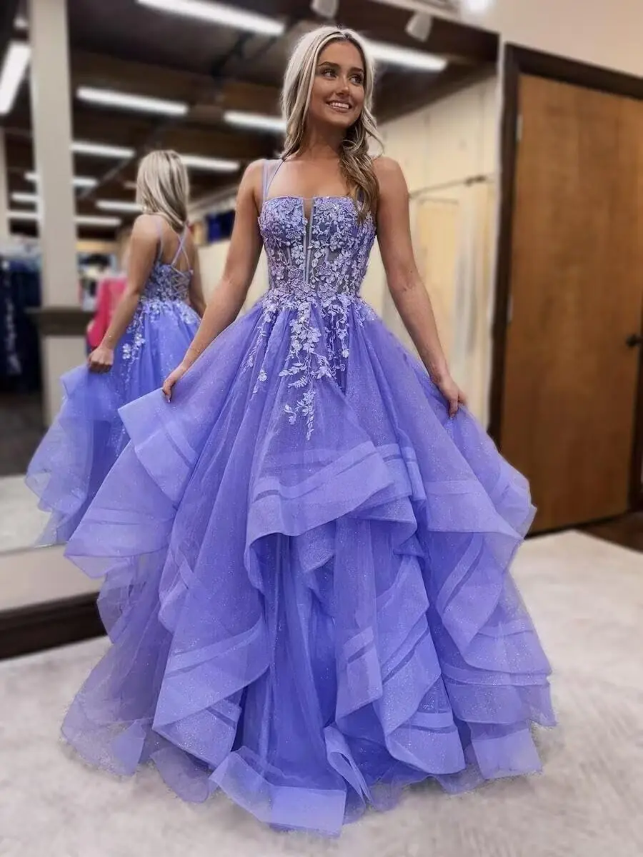 

Sparkly Tulle Prom Dresses Long Ball Gown for Women Lace Applique Tiered Formal Evening Gowns for Teens