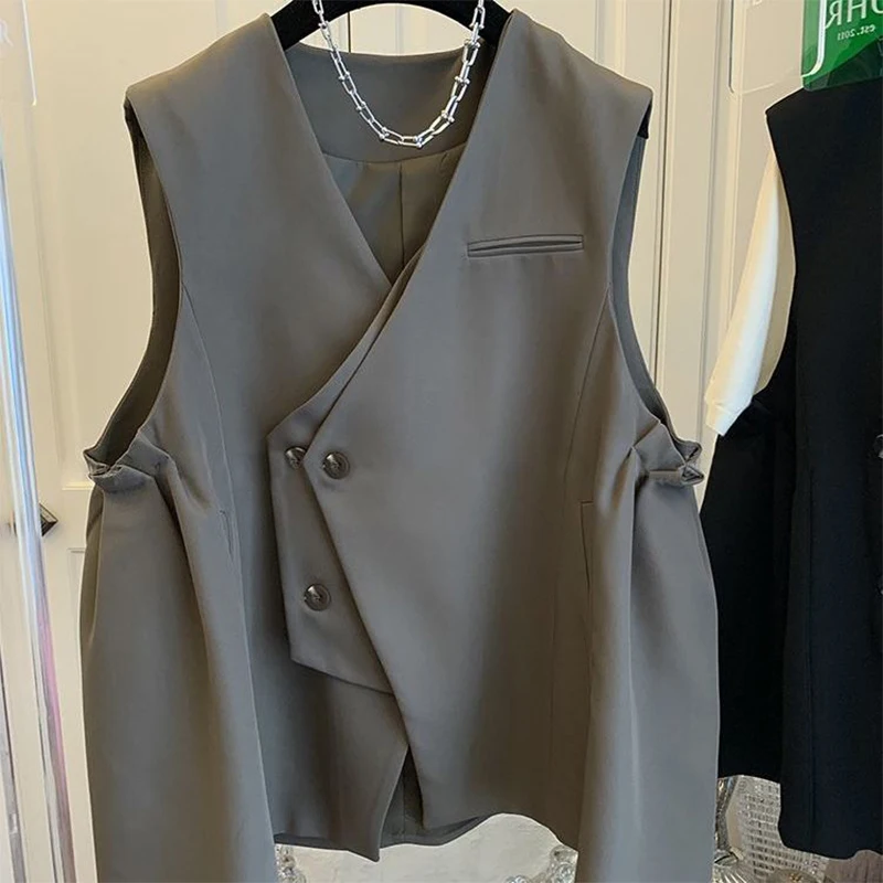 Spring Autumn Casual Fashion Buttons Vest Lady Loose All-match Streetwear Tank Top Women Ruffles Sleeveless Coat Female Clothes