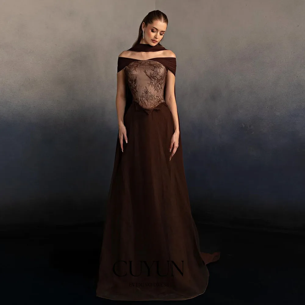 CUYUN Customized Brown Women Evening Gown Off the Shoulder Lace Patchwork Long Prom Gown Wedding Guest Dress Formal Dinner Gown
