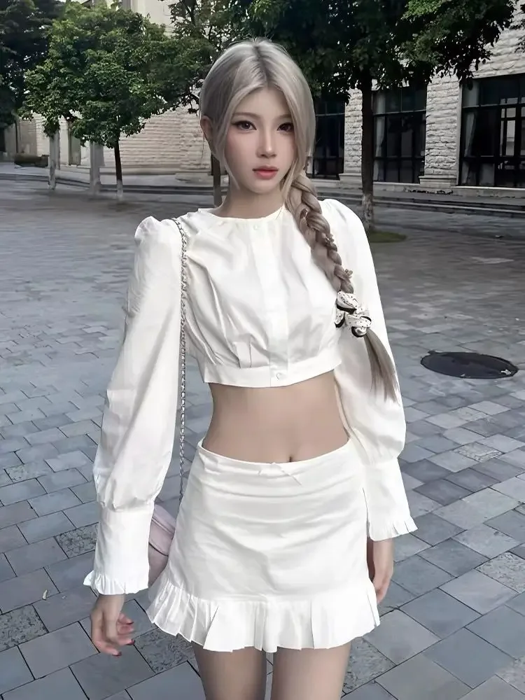 

High Quality Fashion Sweet 2 Piece Sets For Women Outfit French Long Sleeve Blouse High Waist Skirt Suits Fall Two Piece Set