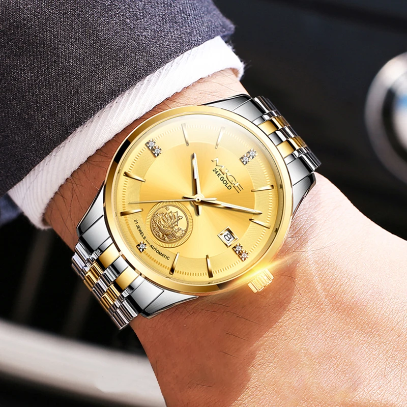 MIGE Original Miyota Automatical Mechanical Watch for Couples Calendar Diamond Sapphire 24K Gold Stainless Steel Wristwatch