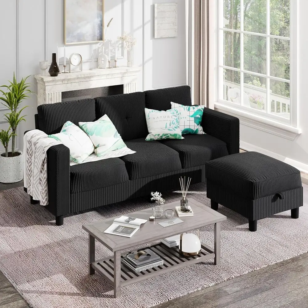 Sofá Seccional Estofado de 76 polegadas, Sofá em L com Puff de Armazenamento e Chaise Reversível para Sala de Estar, Veludo Preto