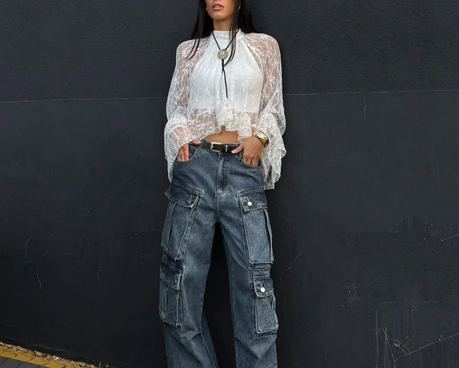 

2026 Spring New Pure Desire Style White Lace Jacquard Perspective High Neck Commuting Lazy Style Long Sleeve Shirt