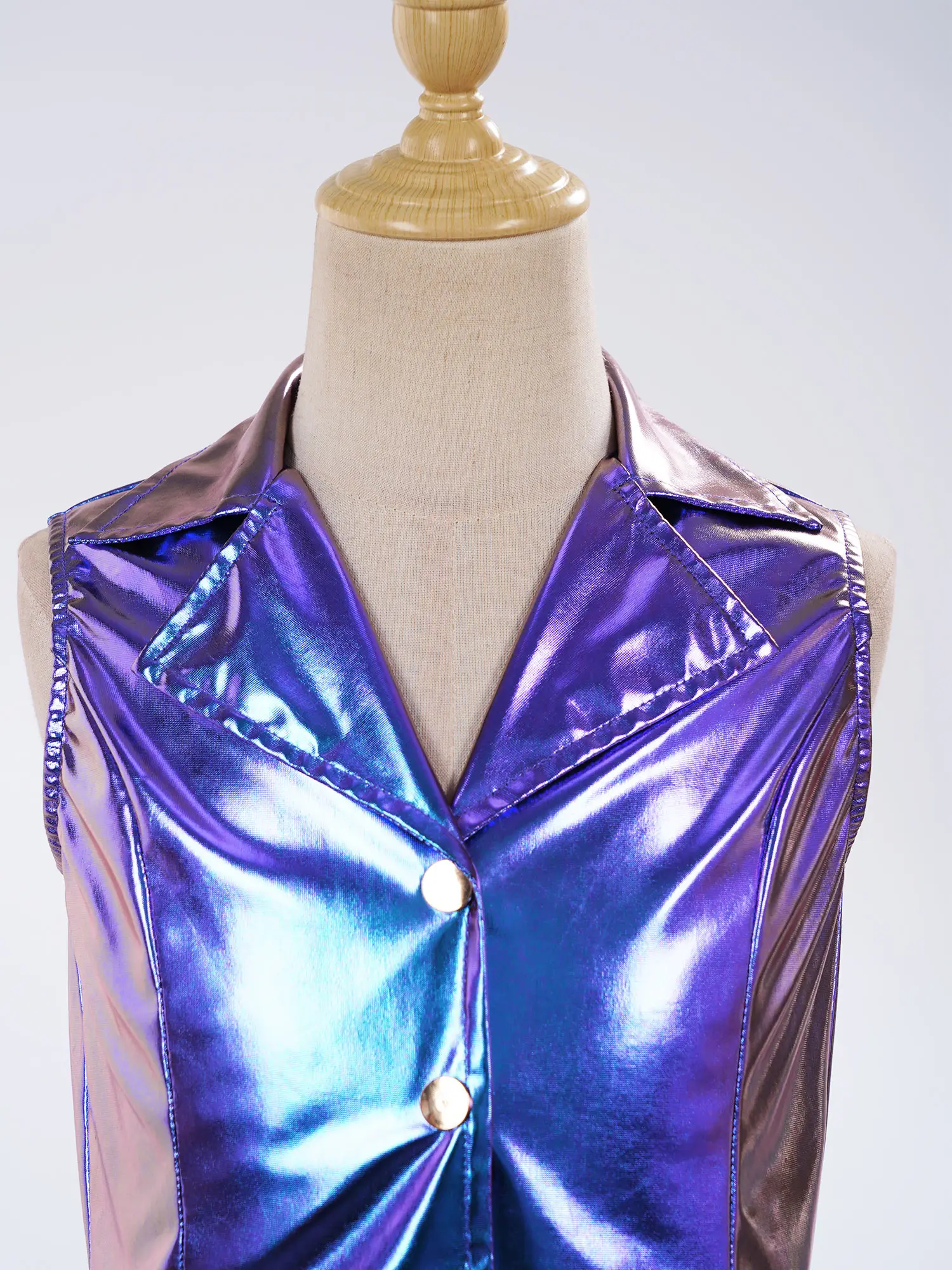 Kids Girls Metallic Disco Jacket Vest Jazz Hip Hop Dance Performance Costume Sleeveless Button Asymmetric Ruffled Peplum Tops