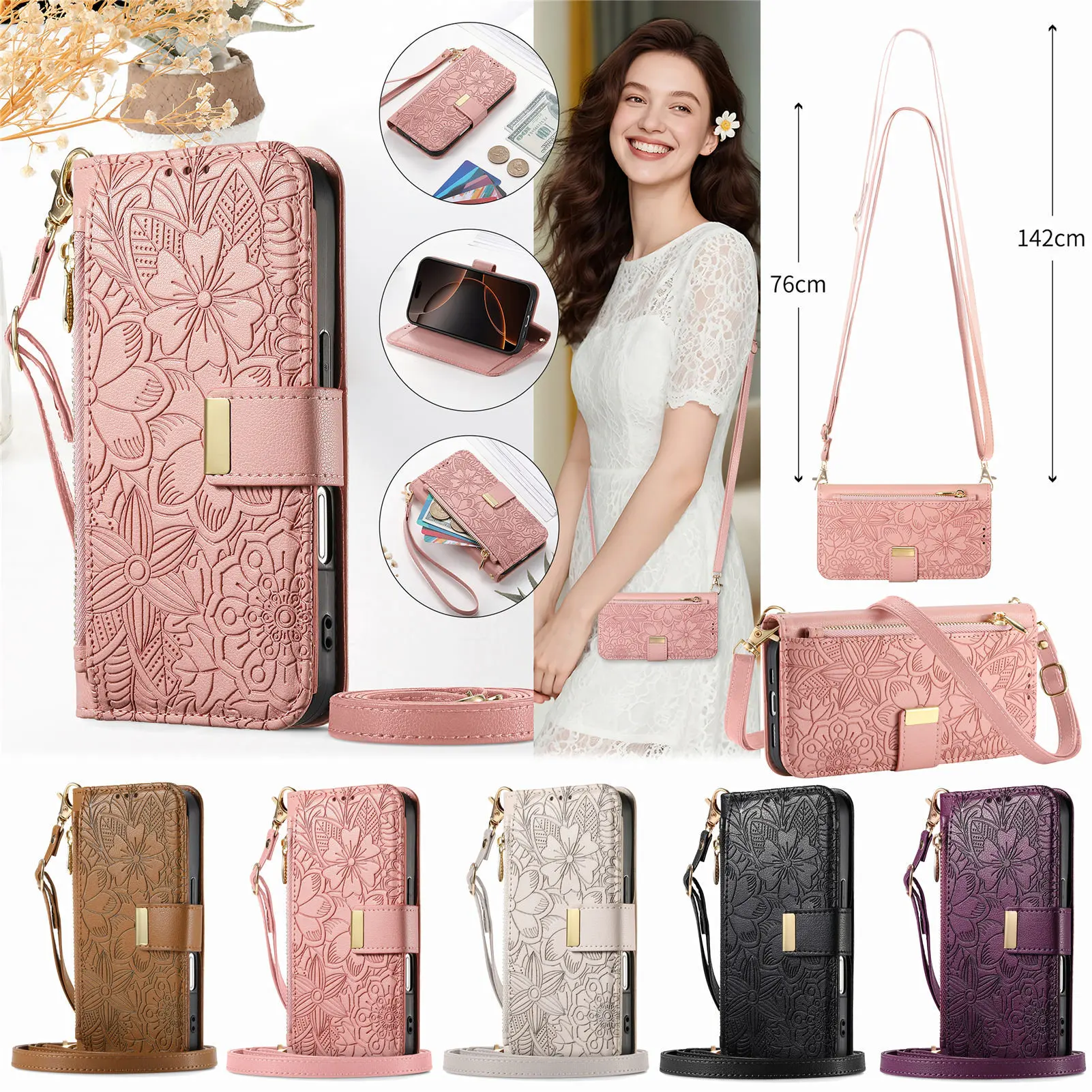 Flip Leather Case - Deri Fermuarlı Çapraz Askılı Cüzdan Kart