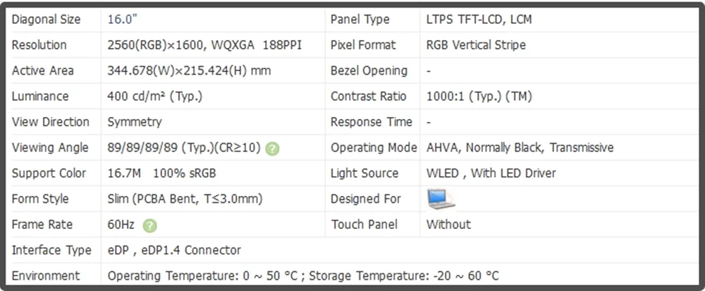 B160QAN02.W 16 inch LCD Screen IPS Panel QHD 2560x1600 60Hz Non-touch