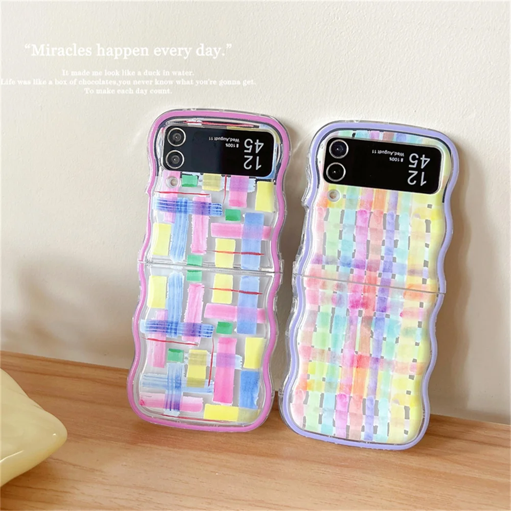 Cute Cartoon Flower Bracelet Case for Samsung Galaxy Z Flip 5 4 3 6 Flip5 Zflip4 Beads Wrist Chain Wavy Painting Korea Cover image 5