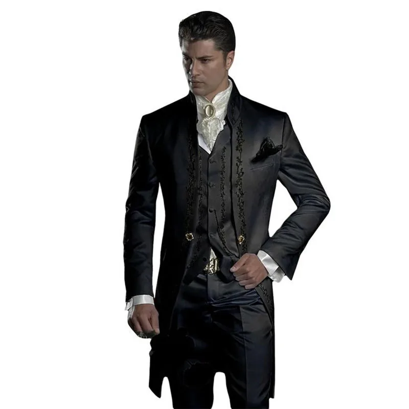 Elegant Black Embroidery Men's Suits Luxury Wedding 3 Piece Jacket Pants Vest Male Clothing High Quality Costume Homme Blazer