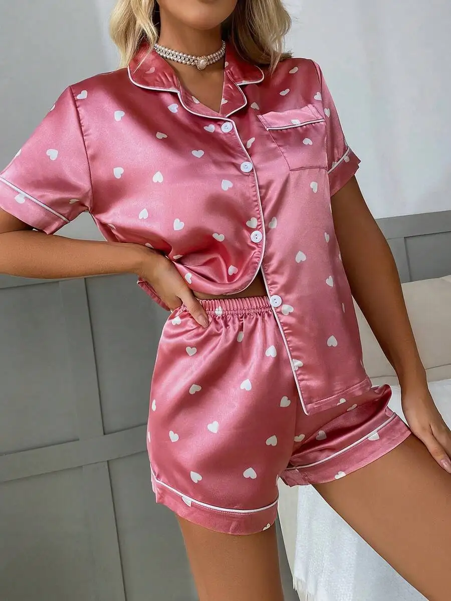 

Pink Heart Print Satin Short Sleeve Pajama Set With Turn-Down Collar